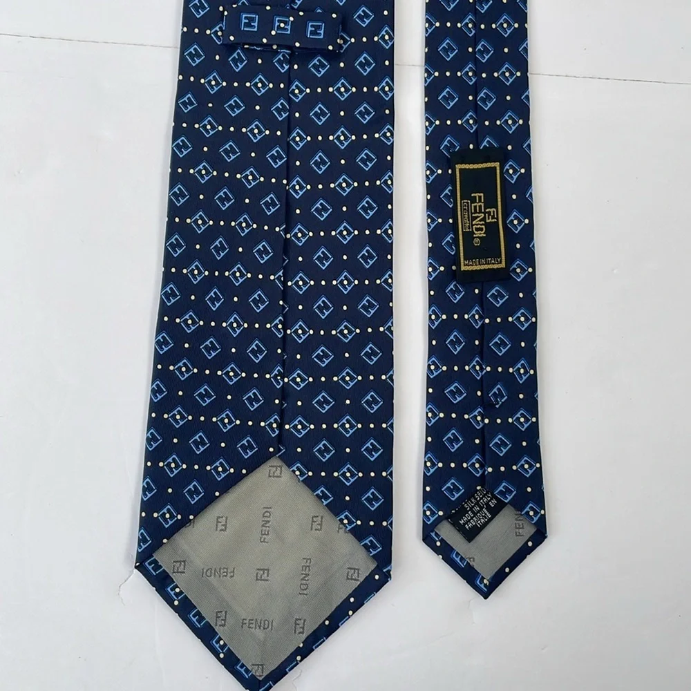 Fendi Cravatte Silk Tie Navy Blue with Light Blue Fendi Logo Yellow Dots